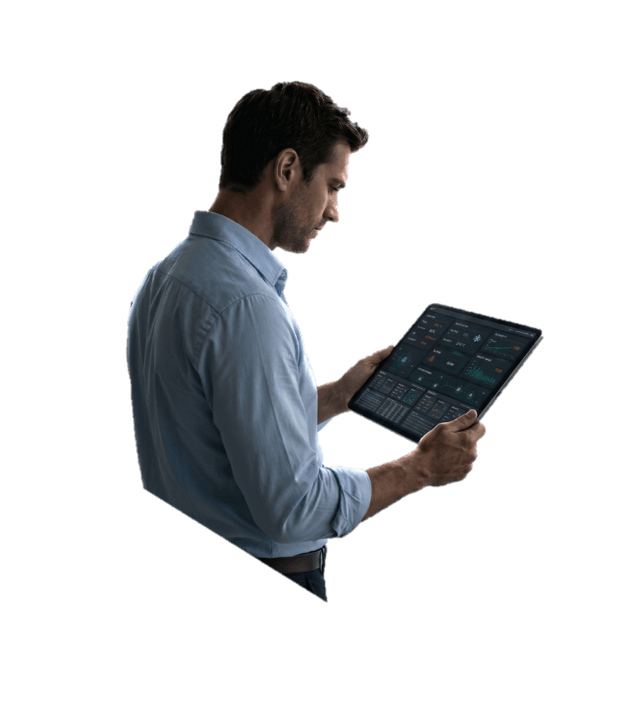 Operator reviewing building systems on a tablet